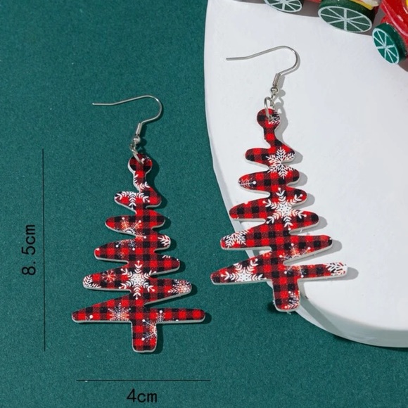 🌲 Awesome Large Plaid Checkered Buffalo Gingham Snowflake Tree Drop Earrings - Picture 2 of 3